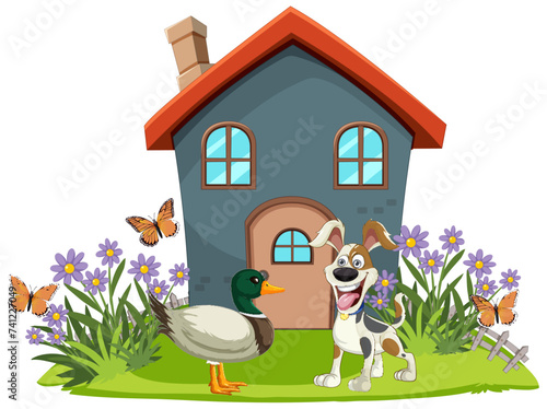 Dog and duck in front of a small cartoon house