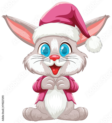Cute rabbit dressed in Christmas attire smiling.