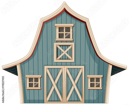 Cartoon-style blue barn with white trim details.