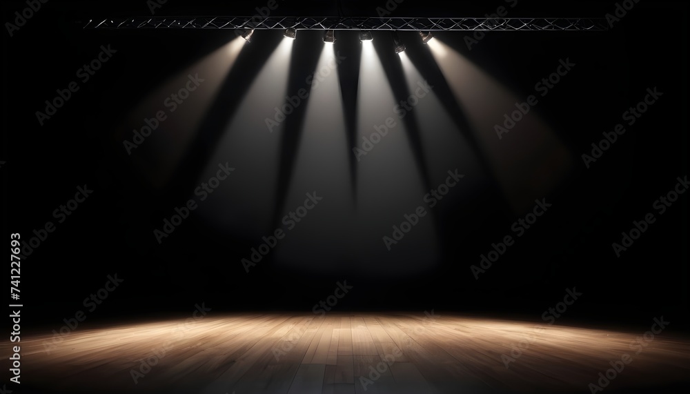 Empty dark photo studio set with wooden parquet floor and spotlights on the ceiling  - obrazy, fototapety, plakaty 