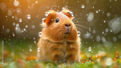 Water bubble surrounding a guinea pig revealing a miniature kingdom where guinea pigs ride on the backs of bumblebees photo