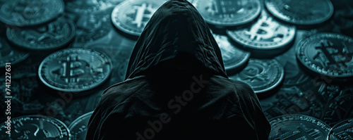 Anonymity Dilemma Dark web background with Bitcoin transactions showcasing the potential for misuse in anonymous dealings photo