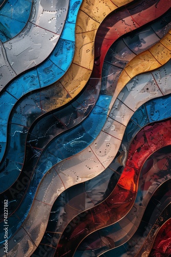 Abstract Colorful Wavy Lines Wallpaper Mixed Media Marvel - Mosaic Inspired Metallic Realism Sculpture Style - Dark Blue, Red and Light Gray Background created with Generative AI Technology