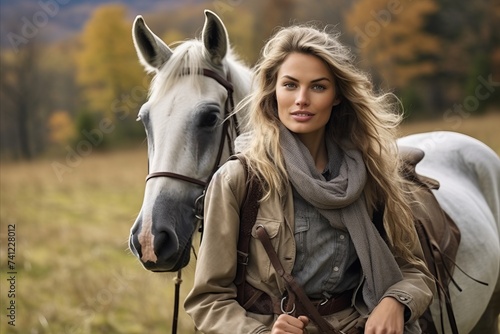 View of a beautiful girl in classic american clothes on a horse farm.