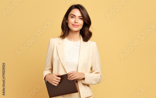 confident businesswoman holding a note stand in yellow background