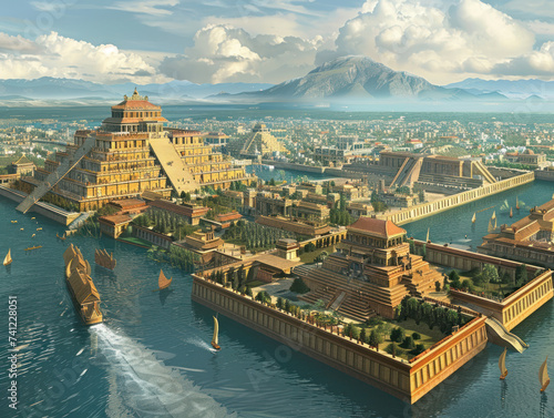 Aztec Empire Tenochtitlan in its full glory canals and temples reflecting a sophisticated culture photo