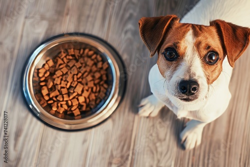 Adorable Jack Russell Terrier Waiting Patiently Next to Food Bowl Indoors