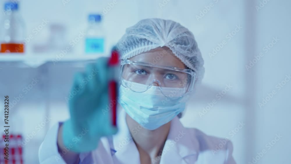 Female scientist drop and swing mix chemical at a test tube in laboratory for research on pharmacy medical for healing and antibody for protect disease and virus Female scientist drop and swing mix chemical at a test tube in laboratory for research on pharmacy medical for healing and antibody for protect disease and virus