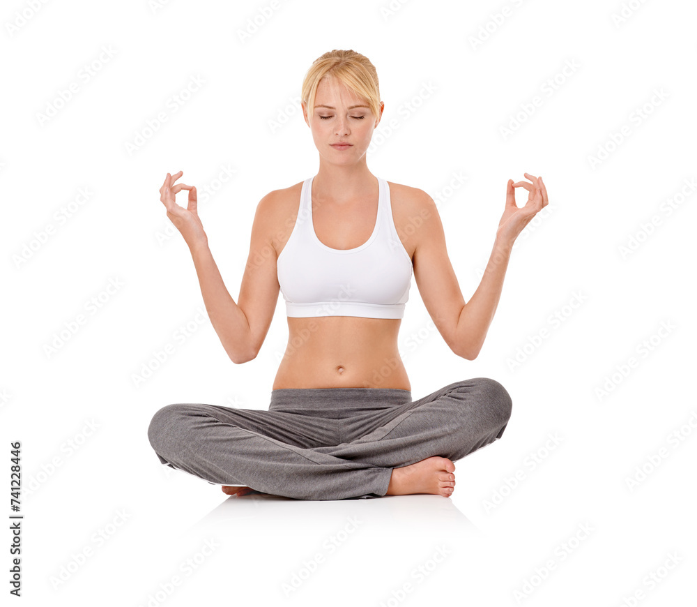 Woman, zen and yoga with meditation in studio for exercise, healthy body and wellness with relax or start. Pilates, person and fitness with posture or spiritual and mindfulness on white background Woman, zen and yoga with meditation in studio for exercise, healthy body and wellness with relax or start. Pilates, person and fitness with posture or spiritual and mindfulness on white background