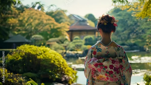 Asian woman wearing kimono in japanese garden, back view photo