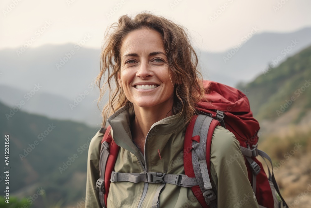 Portrait of smiling woman hiker with backpack standing on top of mountain
