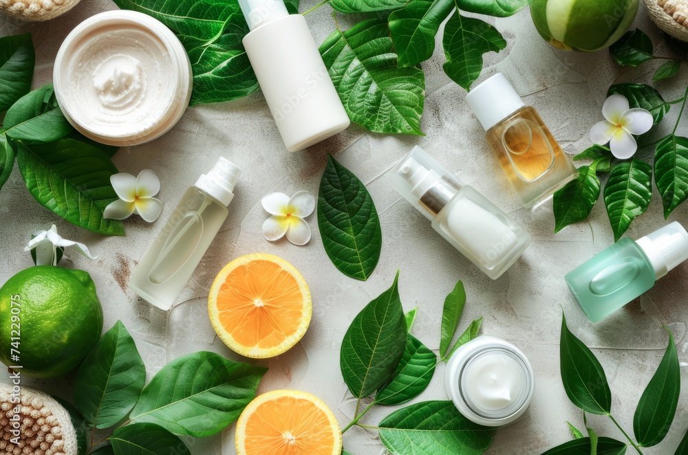 Assortment of Organic Skincare Products Amidst Vibrant Greenery and Citrus - obrazy, fototapety, plakaty 