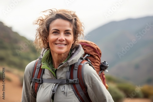Portrait of smiling woman hiker with backpack looking at camera in mountains