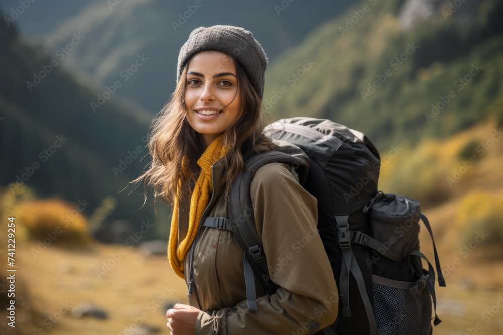 Portrait of a beautiful young woman with backpack standing in the mountains.
