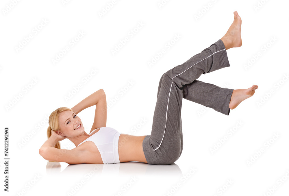 Woman, portrait or pilates and stretching in studio for exercise, healthy body or wellness with fitness or smile. Yoga, person and face or flexible in sportswear for core strength on white background Woman, portrait or pilates and stretching in studio for exercise, healthy body or wellness with fitness or smile. Yoga, person and face or flexible in sportswear for core strength on white background