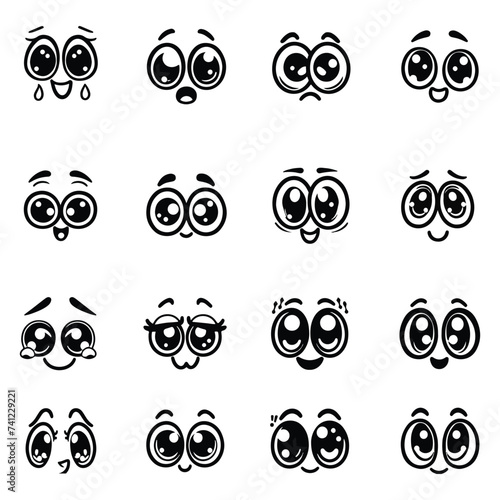 set of cute kawaii expressions, Cartoon faces set ,black and white eyes, manga comic cartoon eyes isolated on white background