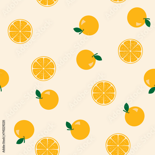 Oranges and orange slices on a pastel background. Seamless pattern. Flat style. Isolated. 
Background for cover, fabric, decor.
