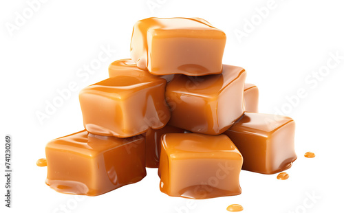 Smooth, glossy caramel candies with rich, melted caramel sauce dripping down, cut out