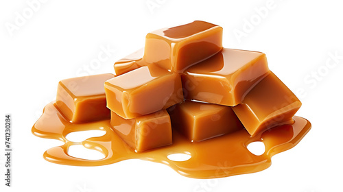 Smooth, glossy caramel candies with rich, melted caramel sauce dripping down, cut out