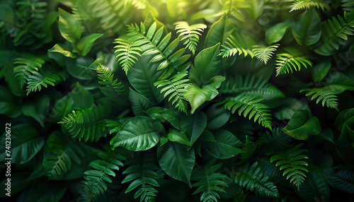 Fern leaves in the forest. Background with green leaves.