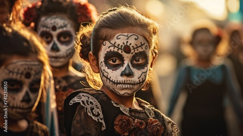 Halloween joy in a portrait-girl with sugar skull makeup, part of a festive crowd celebrating Mardi Gras in style. © ProPhotos