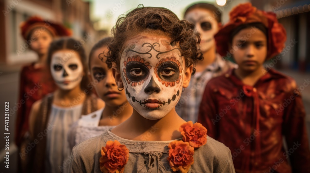 Halloween joy in a portrait-a girl with sugar skull makeup, part of a festive crowd celebrating Mardi Gras in style.