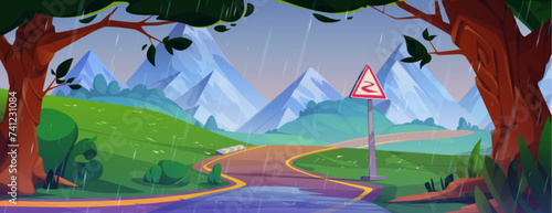 Rainy mountain landscape with winding road. Vector cartoon illustration of curvy serpentine highway with puddles and warning sign, old trees, green bushes and grass, rainfall pouring from cloudy sky
