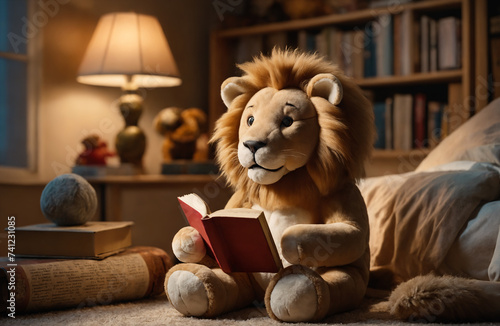 Toy lion is reading a book in the children's room in a cozy evening atmosphere. The concept of reading children's books before going to bed