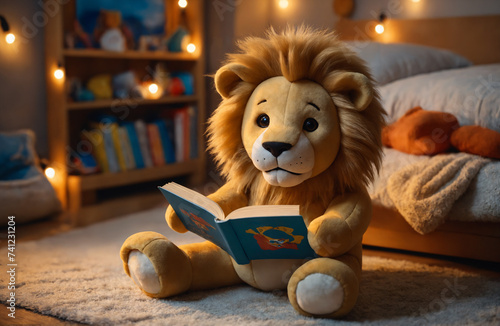 Toy lion is reading a book in the children's room in a cozy evening atmosphere. The concept of reading children's books before going to bed