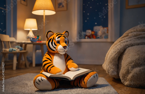 Toy tiger is reading a book in the children's room in a cozy evening atmosphere. The concept of reading children's books before going to bed