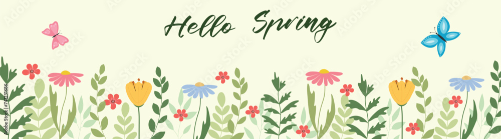 Hi spring. Horizontal spring banner with flowers and butterflies.