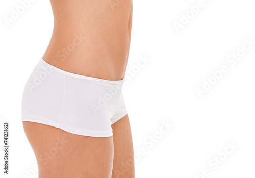 Closeup, underwear and woman with wellness, stomach and person isolated on white studio background. Model, mockup space and girl with tummy, diet or toned with slim physique with fitness and lingerie