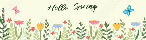 Hi spring. Horizontal spring banner with flowers and butterflies.