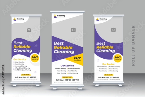 Corporate office and house cleaning service Rool up banner template. Housekeeping, washing, cleaning, or repair service marketing banner