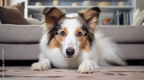 A cute Collie rests on a white living room carpet. Ai Generated.