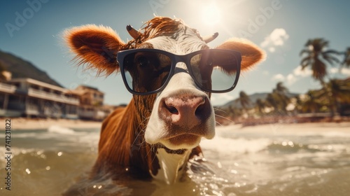 Experience the intensity of an cow leaping onto the beach in a stunning close-up photo, Ai Generated. © Crazy Juke
