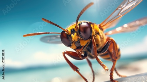 Experience the intensity of an hornet leaping onto the beach in a stunning close-up photo, Ai Generated.