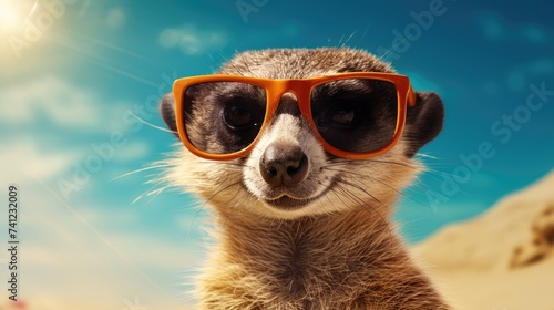 Experience the intensity of an Meerkat leaping onto the beach in a stunning close-up photo, Ai Generated.