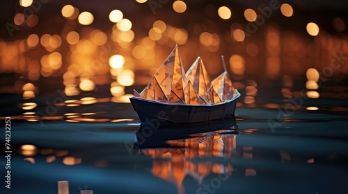 Paper origami sailboat floats on water, surrounded by enchanting bokeh lights, Ai Generated.