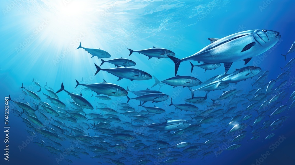 Fototapeta premium School of bar jack fish gracefully glide in seamless formation through deep blue ocean, Ai Generated.
