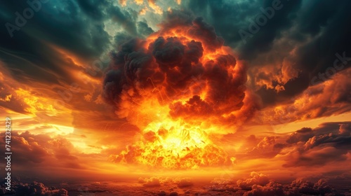 Cataclysmic nuclear explosion transforms day or night into an ominous spectacle, Ai Generated.