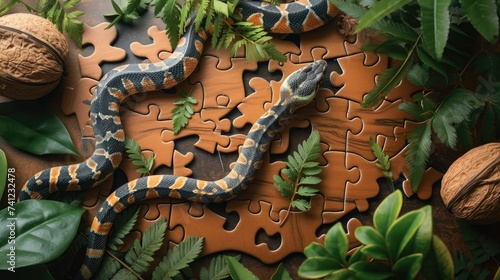 A cute cobra enjoys a playful jigsaw puzzle challenge. Ai Generated.