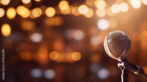 Microphone and stage lights.concert and music concept.live music background.microphone and