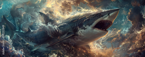 Shark gods of mythology ruling over the digital depths of quantum oceans photo