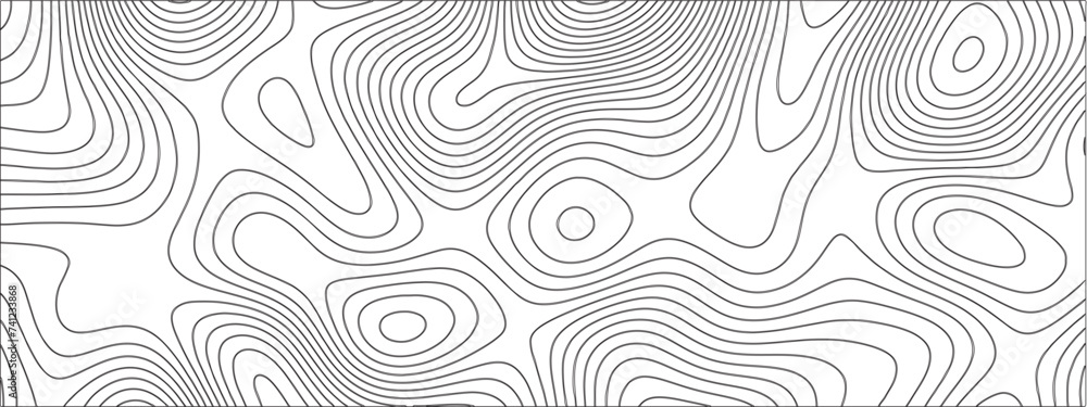 Abstract Topographic line art background. Mountain topographic terrain map background with white shape lines.Geographic map conceptual design.Black on white contour height lines.