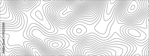Abstract Topographic line art background. Mountain topographic terrain map background with white shape lines.Geographic map conceptual design.Black on white contour height lines.