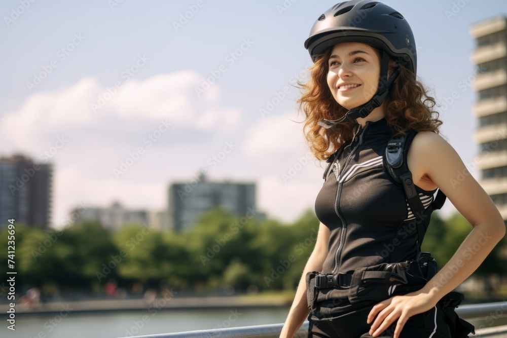 Portrait of a beautiful young woman wearing helmet on the background of the city Portrait of a beautiful young woman wearing helmet on the background of the city