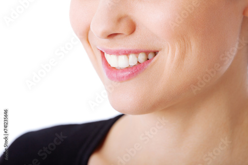 Mouth  dental care and woman with smile with white background in studio  hygiene and clean teeth. Lips and girl happy with dentist for oral treatment  excited and health for wellness of person