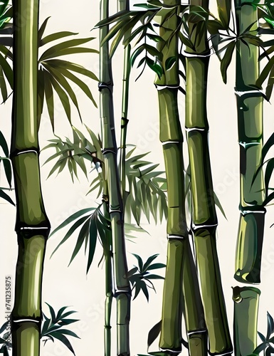 Tall tropical bamboo wall mural painted art  watercolor art style wallpaper background. Generative AI