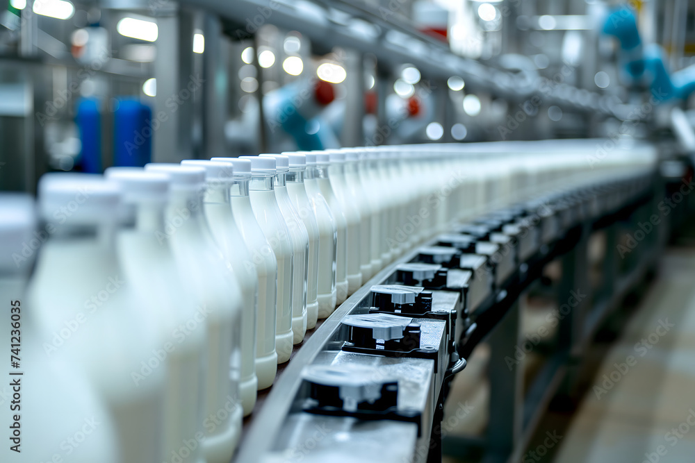 Factory line for processing and bottling of milk. Selective focus. Factory line for processing and bottling of milk. Selective focus.